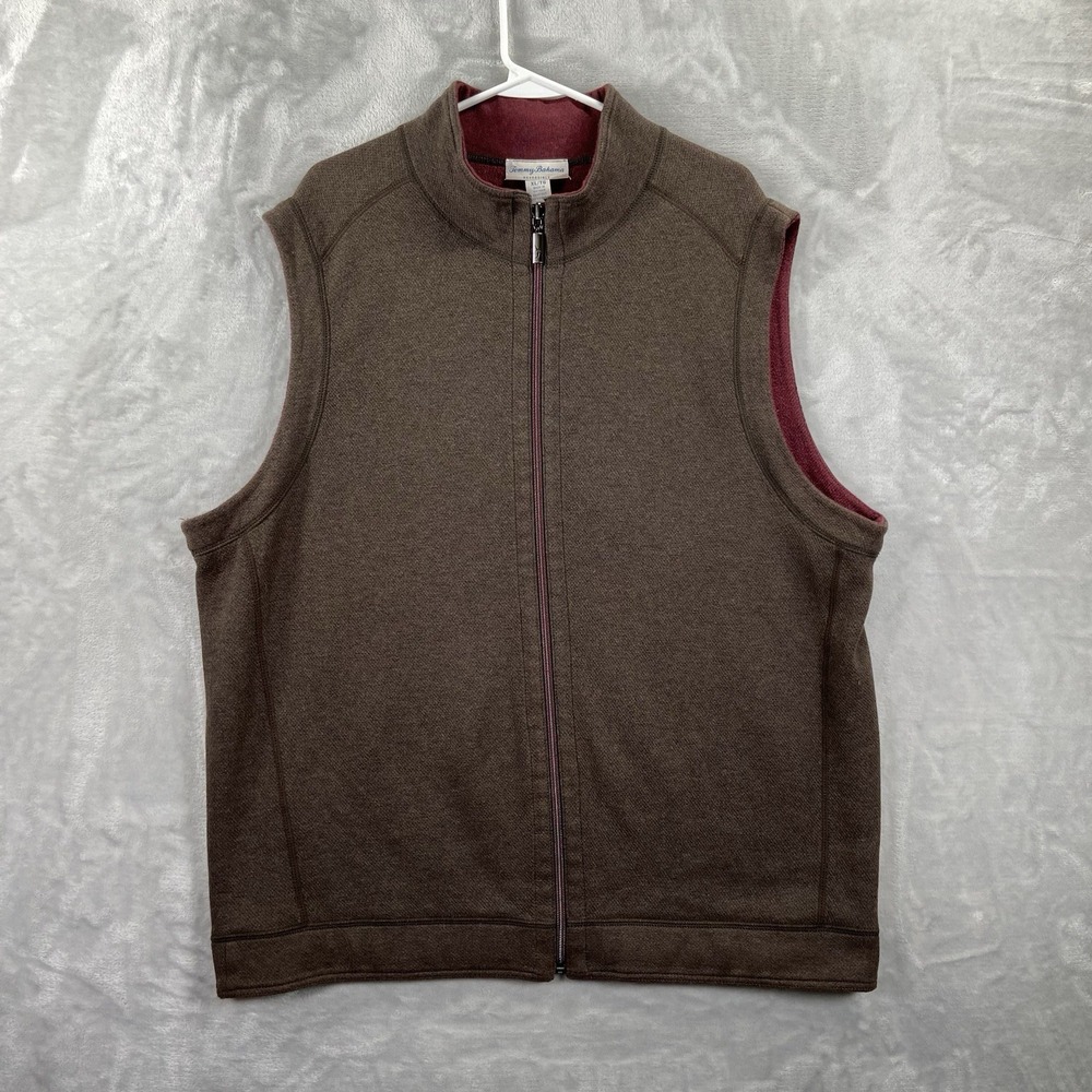 Tommy Bahama Vest Mens XL Reversible Full Zip Brown & Red Cotton Lyocell Casual